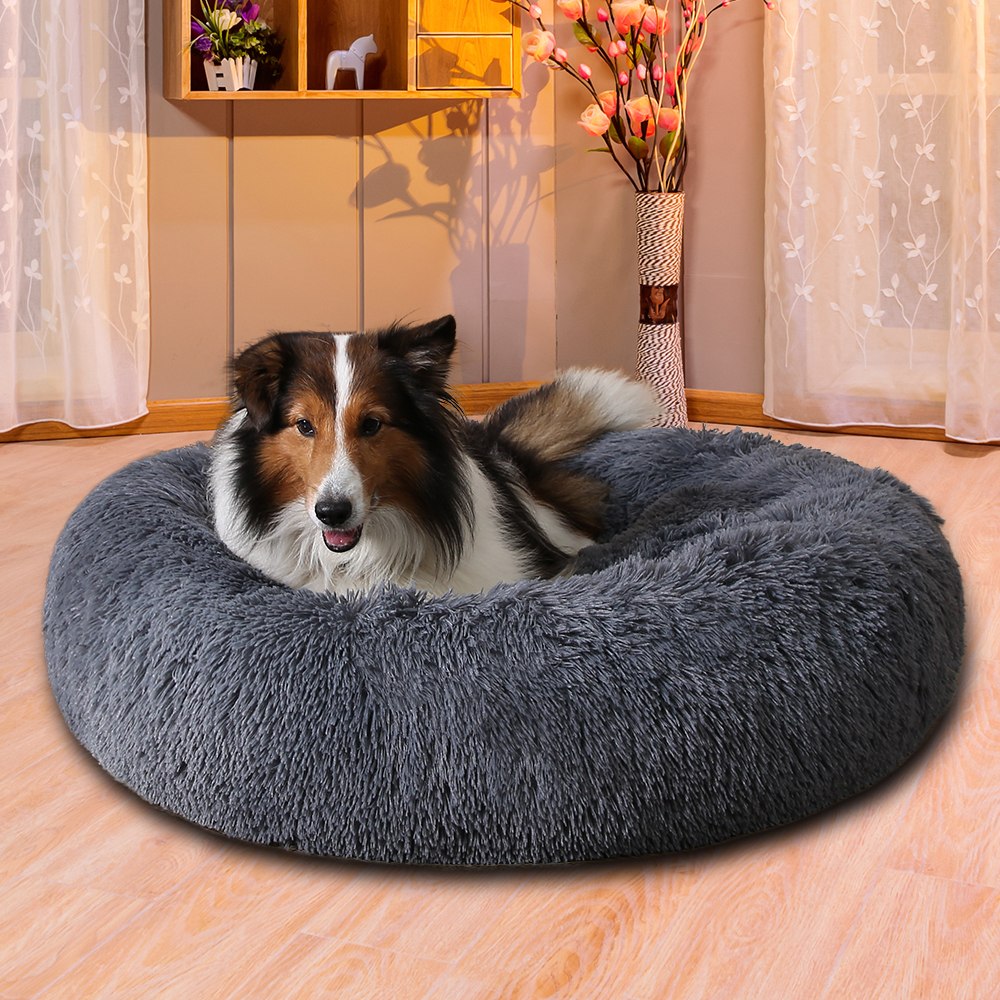 Dog relaxing in the CloudHug calming donut bed in charcoal gray